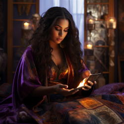 A gifted female psychic in a purple robe, reading a golden tarot deck.