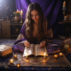 A gifted young female psychic in a purple robe, reading a golden tarot deck.