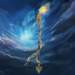 A golden lance with psychic energy swirling around it against a deep blue sky.