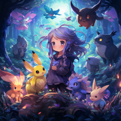 A psychic Pokémon adventure in a mystical forest with hues of purple, blue, and gold.