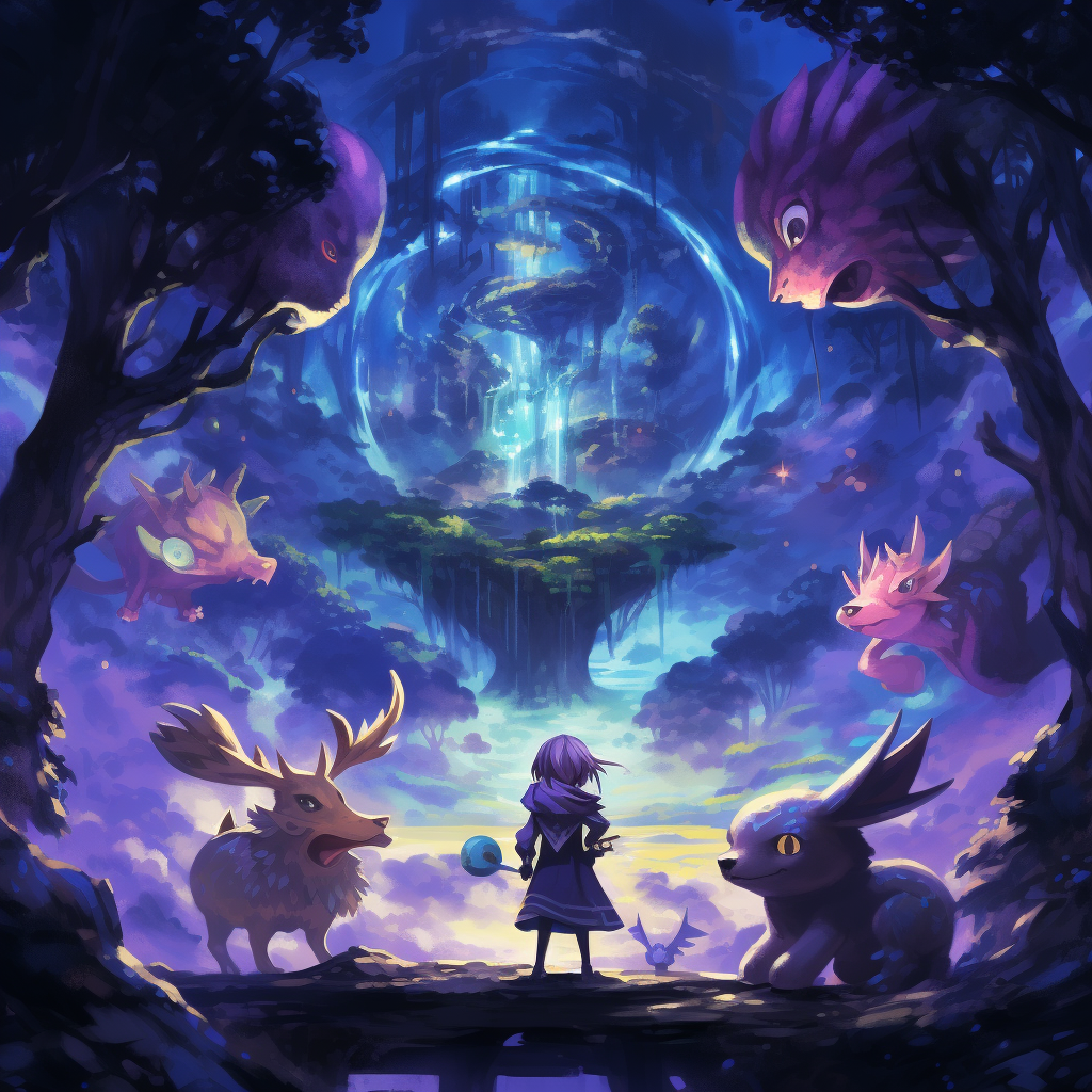 A psychic Pokémon adventure in a mystical forest with hues of purple, blue, and gold.