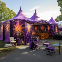 A psychic fair in Connecticut, with tents and banners in shades of purple and gold.