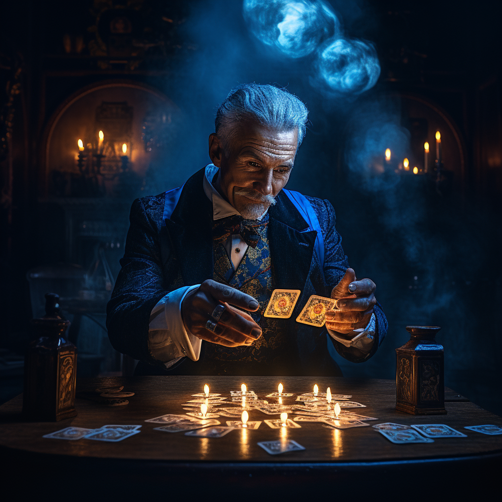 A psychic gambler, reading a deck of cards that glow with blue and gold energy.