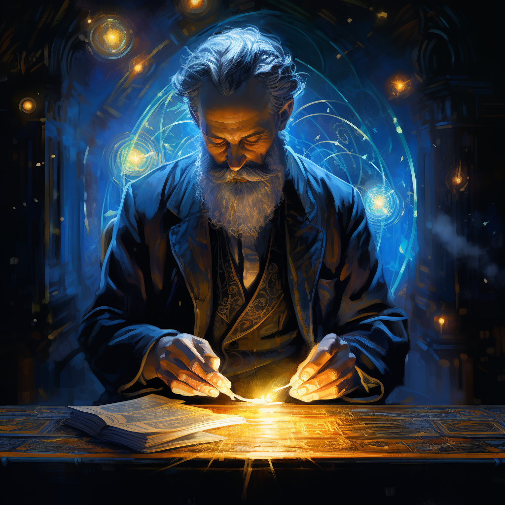 A psychic gambler, reading a deck of cards that glow with blue and gold energy.