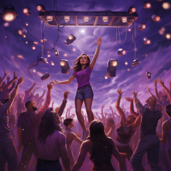 A psychic hotline block party, with people dancing under a sky filled with purple and gold lights.
