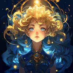 A psychic princess in an anime style, surrounded by a golden aura against a deep blue background.