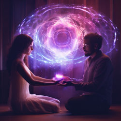 A psychic reading a glowing purple energy aura around a person.