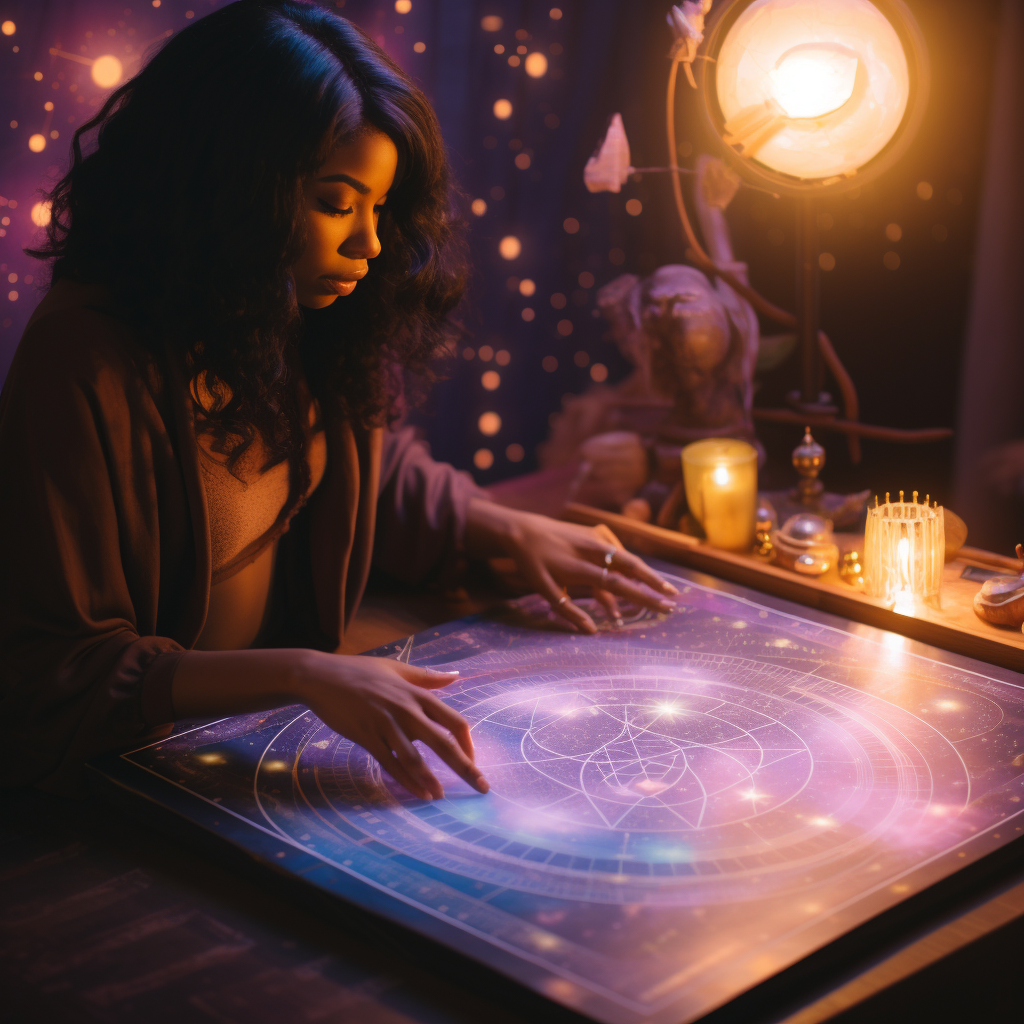 A black psychic reading a persons astrology chart.
