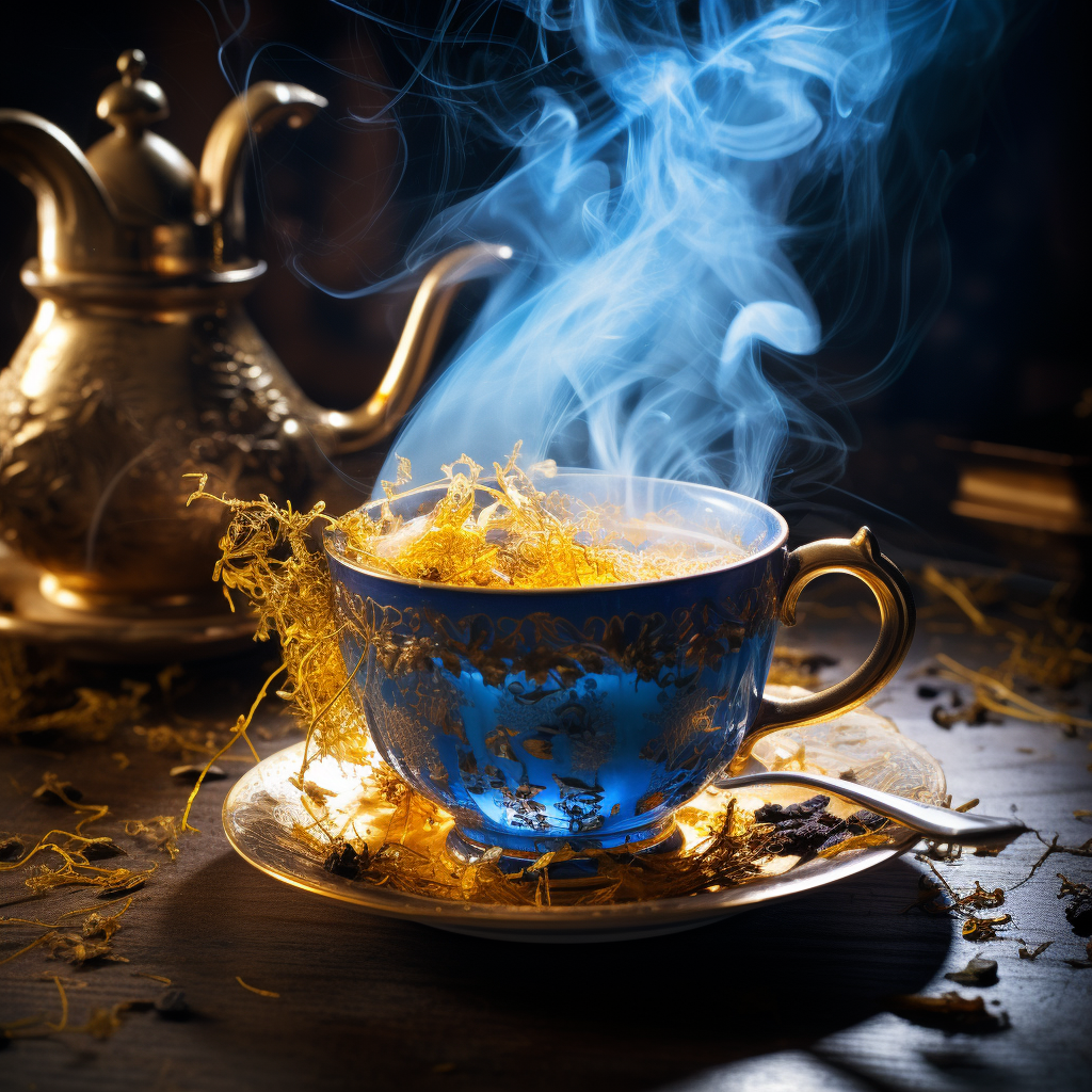 A psychic reading tea leaves, with the steam forming mystical gold and blue patterns.