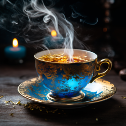 A psychic tea, steaming with blue and gold energy.