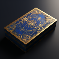 A psychic's business card, adorned with intricate gold and blue designs.