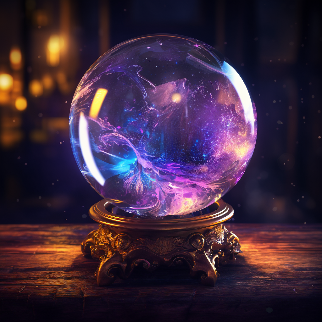 A psychic's crystal ball glowing with purple, blue and gold.