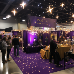 A psychic fair with people browsing stalls under a purple and gold stars.
