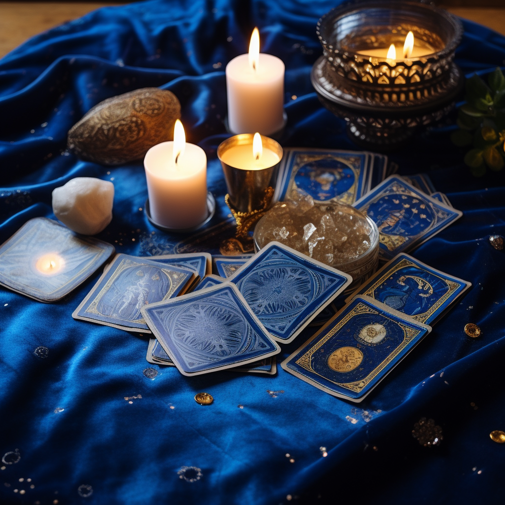 The Psychic Tarot Oracle Deck spread out on a blue velvet cloth.