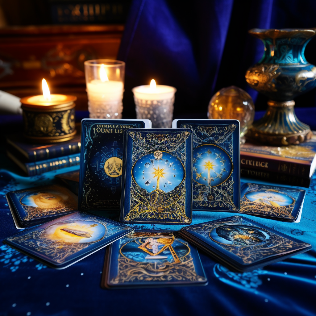 A Psychic Tarot Oracle Deck spread out on a blue velvet cloth.