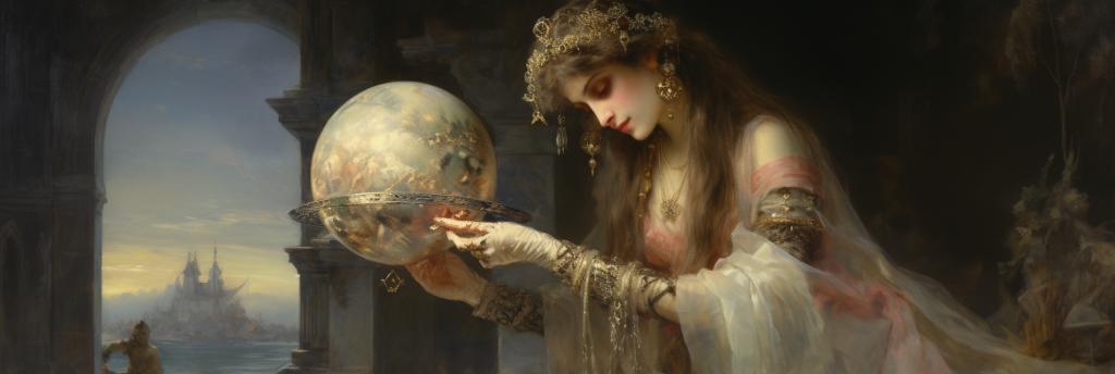 A psychic woman holding a crystal globe at dusk.